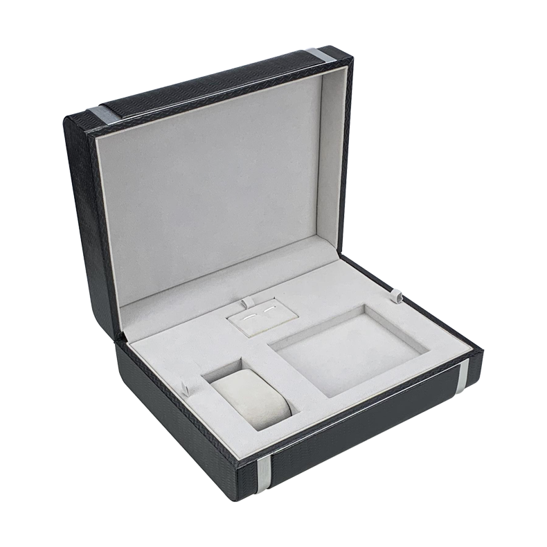 黑色皮+铝片翻盖手表首饰套装盒