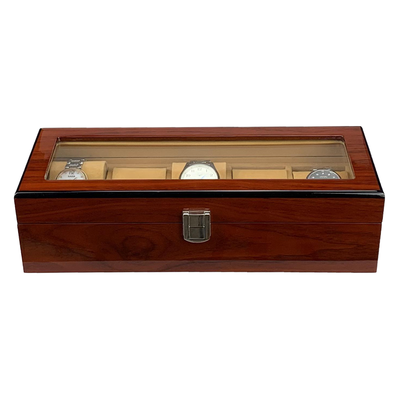 咖啡色油漆带天窗翻盖五位手表收纳木盒